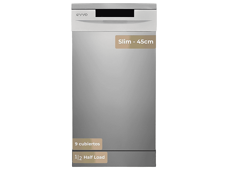 Lavavajillas libre instalación 45 cm - EVVO D1X Slim, 5 programas, 45,0 cm, Inox