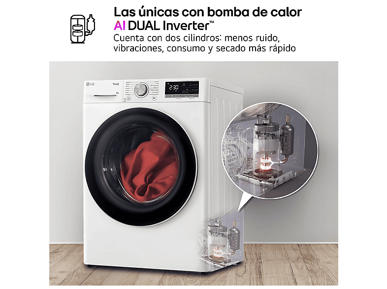 Secadora bomba de calor -  LG RH80V9AV4N, 8 kg, 14 programas, Dual Inverter Compressor™, Eco Hybrid™, Display Gran LED, Blanco — foto 6