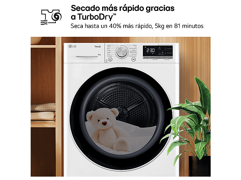Secadora bomba de calor -  LG RH80V9AV4N, 8 kg, 14 programas, Dual Inverter Compressor™, Eco Hybrid™, Display Gran LED, Blanco — foto 8