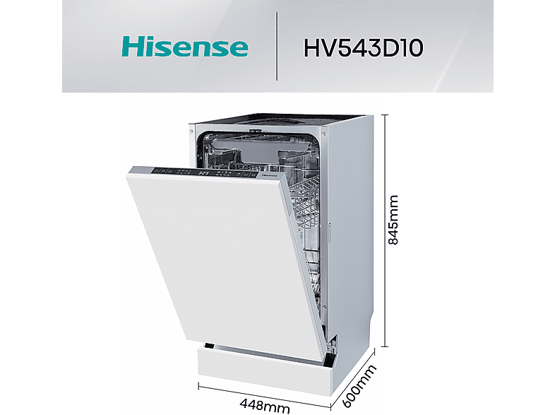 Lavavajillas integrable - Hisense HV543D10, 11 servicios, 7 programas, 44.8 cm, Tercera bandeja, Inverter, Sin Panelar — foto 3