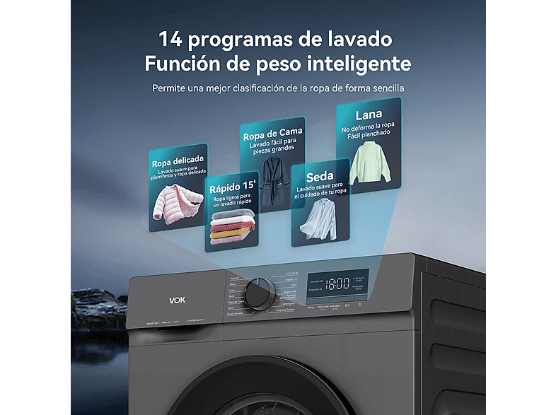 Lavadora de carga frontal - VOK EVW-8BAGL2412, Motor Inverter, 8 kg, 1200 rpm, 14 programas, Gris — foto 6