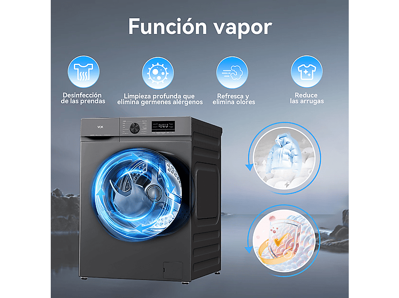 Lavadora de carga frontal - VOK EVW-8BAGL2412, Motor Inverter, 8 kg, 1200 rpm, 14 programas, Gris — foto 8