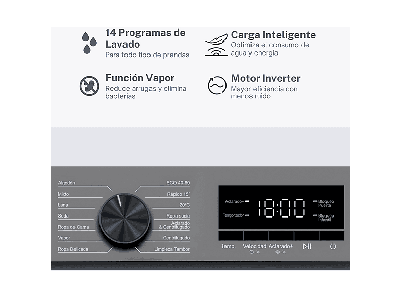 Lavadora de carga frontal - VOK EVW-8BAGL2412, Motor Inverter, 8 kg, 1200 rpm, 14 programas, Gris — foto 9