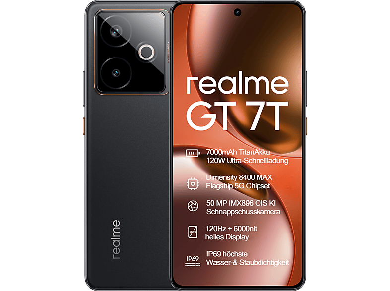 REALME GT7T 6.8P/5G/8N/12+256GB/B, Negro, Móvil Sistema operativo propietario, 256 GB, 12 GB RAM, 6,78 " LTPS 2.5D, Dimensity 8400MAX, 7000 mAh