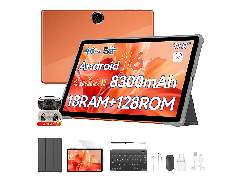 BLACKVIEW ZENO 5 con Auriculares Bluetooth, 128 GB, Naranja, 11 " HD, 6 GB RAM, UMS9230E(T7250), Tablet Android