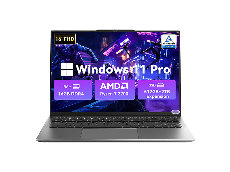 Portátil - BLACKVIEW AceBook 8 Pro, 16 " Full-HD, AMD Ryzen™ 7 3700U (Hasta 4.0 GHz, 4 núcleos/8 hilos), 16 GB RAM, 512 GB SSD, Radeon™ RX Vega 10, Windows 11 Pro, idioma del teclado: ES, Grey