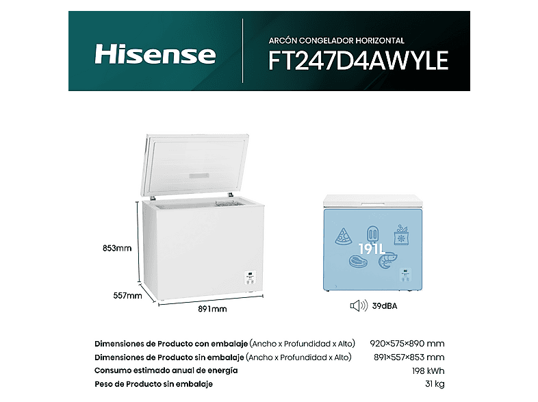 Congelador horizontal - Hisense FT247D4AWYLE, 191 l, 85.3 cm, Congelación rápida, Blanco — foto 3
