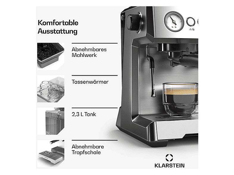 Cafetera espresso - KLARSTEIN GrandPresso, 20 bar, 1350 W, Acero Inoxidable — foto 5