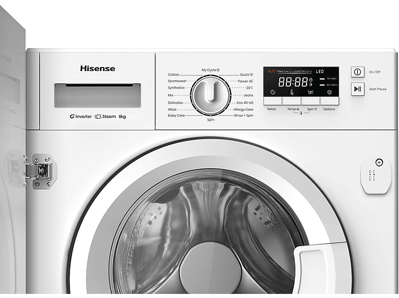Lavadora integrable - Hisense WF3M841BWIES, 8 kg, 1400 rpm, 15 programas, Secado Allergy Care, Clase A, Sin Panelar — foto 4