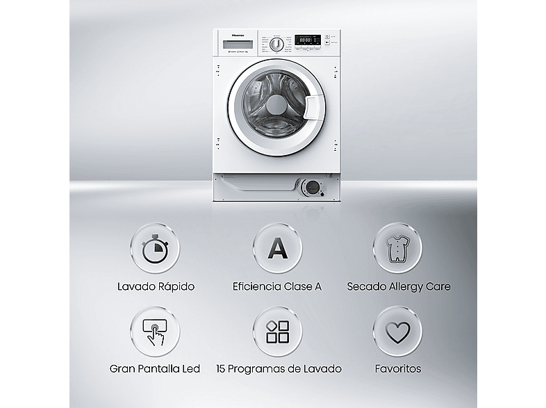 Lavadora integrable - Hisense WF3M841BWIES, 8 kg, 1400 rpm, 15 programas, Secado Allergy Care, Clase A, Sin Panelar — foto 6