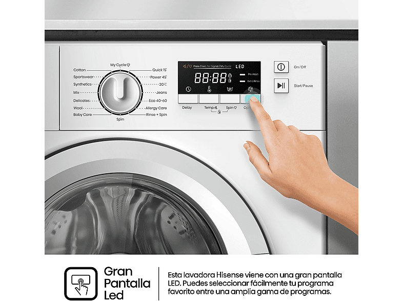 Lavadora integrable - Hisense WF3M841BWIES, 8 kg, 1400 rpm, 15 programas, Secado Allergy Care, Clase A, Sin Panelar — foto 9
