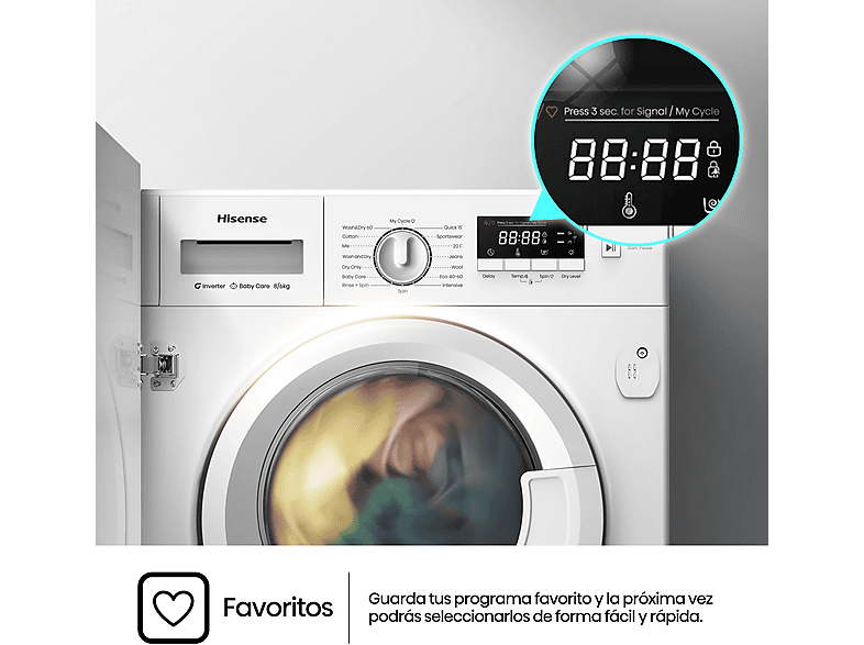 Lavadora secadora integrable - Hisense WD3M841BWIES , 8 kg /6 kg, 19 programas, Lavado Secado 1h, Inverter, Sin Panelar — foto 7
