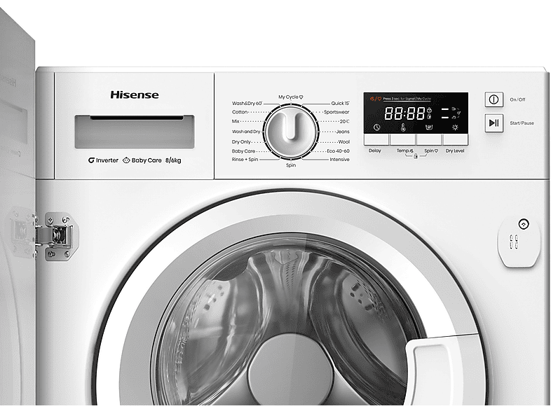 Lavadora secadora integrable - Hisense WD3M841BWIES , 8 kg /6 kg, 19 programas, Lavado Secado 1h, Inverter, Sin Panelar — foto 12