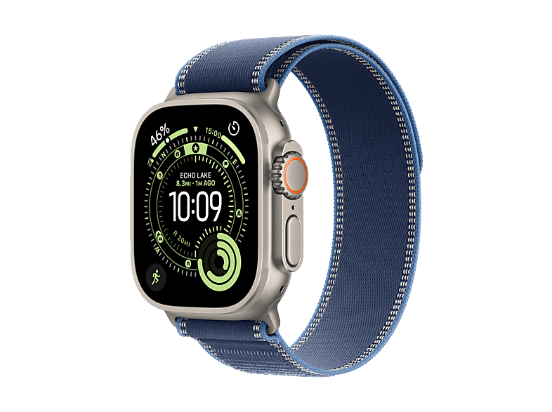 Apple Watch Ultra 3 (2025), GPS+CEL, 49 mm, Caja de Titanio Natural, Correa Trail Loop Azul/azul brillante, S/M, Calidad del sueño, Via satélite