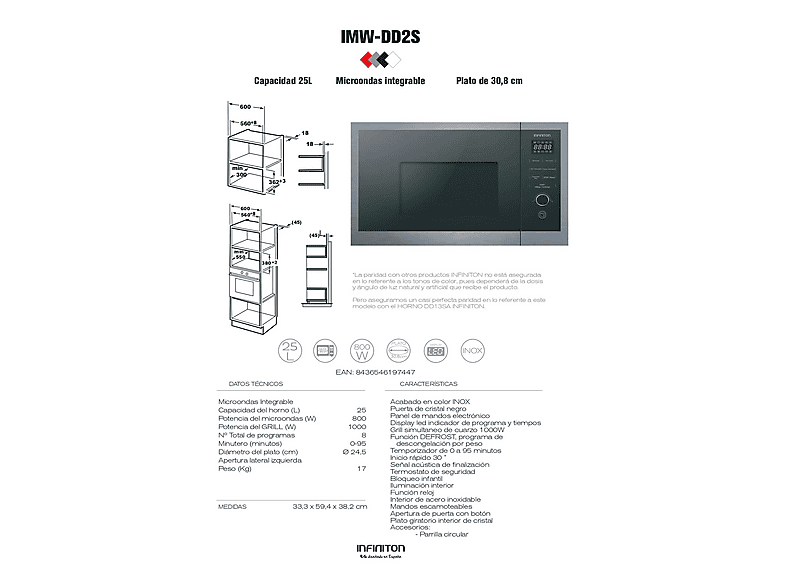 Microondas integrable - INFINITON IMW-DD2S, 1000 W, - potencia, 25 l, Inox — foto 4