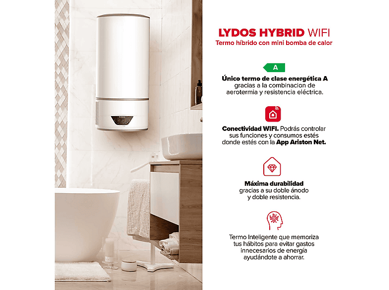 Termo eléctrico  - LYDOS HYBRID 80L + INSTAFIX ARISTON, 80 l, Blanco — foto 7