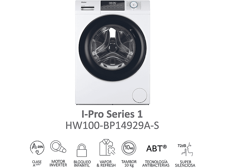Lavadora carga frontal - Haier I-Pro Series 1 HW100-BP14929A-S, 10 kg, 1400 rpm, Motor Inverter, Antibacterias, Blanco — foto 3