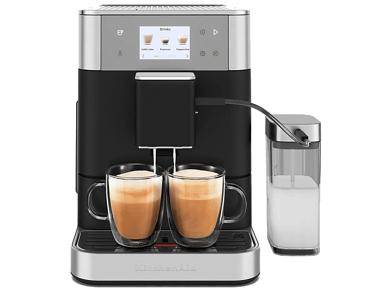 Cafetera express - KitchenAid 5KES8557EBK, 15 bar, 1450W, Depósito 2.2L, 2 Tazas, Espumador de Leche Automático, Plata/Negro