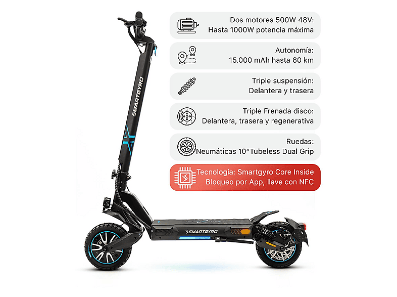 Patinete eléctrico - SMARTGYRO CROSSOVER DUAL MAX LR, Pot. máx. 1000 W, Carga máx. 140 kg, 70 km autonomía, 18,000 mAh, Negro — foto 3