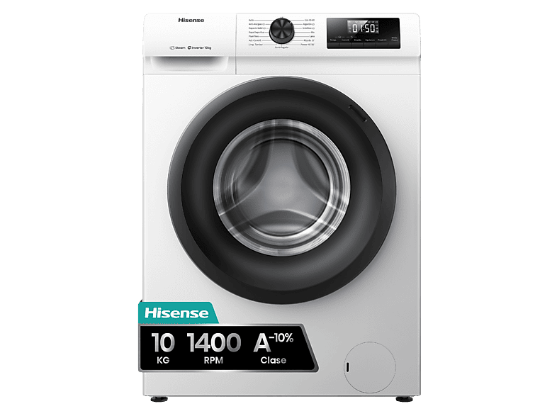 Lavadora carga frontal - Hisense WF1Q1041BW, 10 kg, 1400 Rpm, Función Vapor, Eficiencia A-20%, Blanco