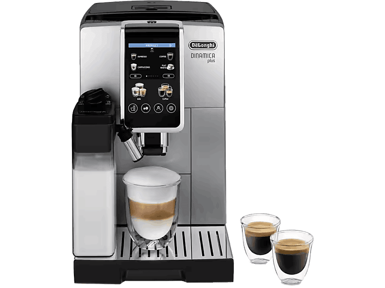 Cafetera superautomática - De'Longhi Dinamica Plus ECAM380.85.SB, 1450W, 15 bar, Molinillo Integrado, Espumador de leche, Táctil, 2 tazas, Inox