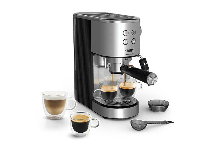 Cafetera express - Krups Virtuoso XP499E, Sitema de autoprensado, 15 bares, Panel frontal intuitivo, Barista,  Thermoblock, Compacta, Inox