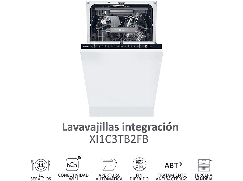 Lavavajillas integrable - Haier XI1C3TB2FB I-Pro Shine Series 4, 11 Servicios, 8 Programas, 44.8 cm, Tercera bandeja, Sin Panelar — foto 3