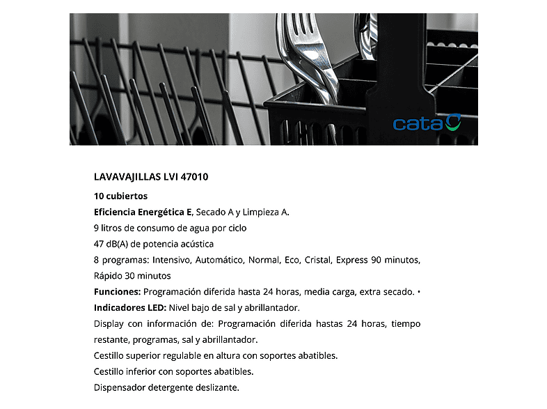 Lavavajillas integrable 45 cm - CATA LVI 47010, 10 servicios, 8 programas, 44,8 cm, Acero Inoxidable — foto 7