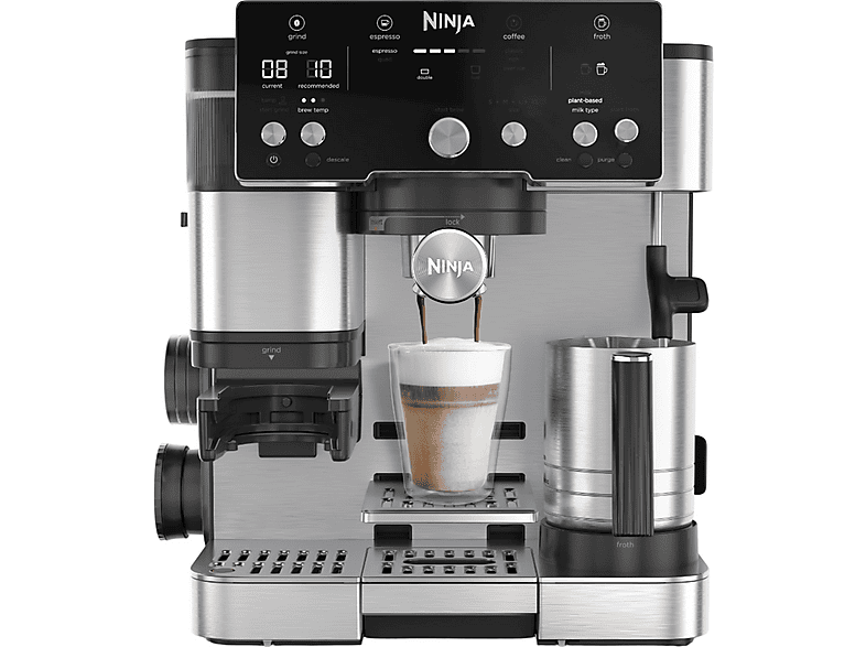 Máquina espresso - NINJA ES501EU, 9 bar, 1650 W, 1 tazas, Negro, Acero inoxidable