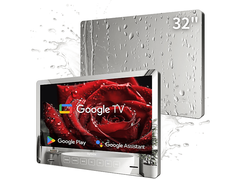 TV LCD 32" - SYLVOX Espejo de baño inteligente, impermeable, 12V, UFHD, Smart TV, DVB-T2 (H.265), Blanco
