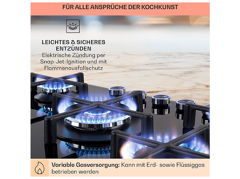 Placa de gas - KLARSTEIN Illuminosa 5, 5 zonas, 76 cm, Negro — foto 5