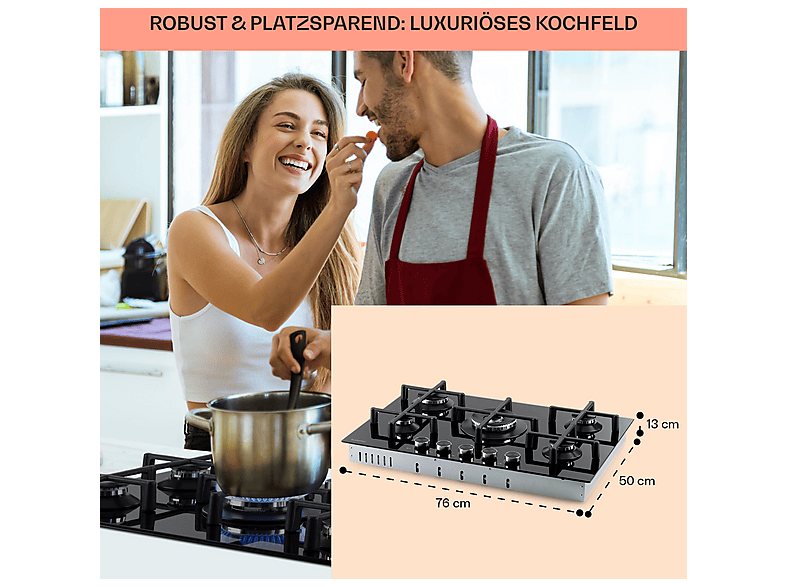 Placa de gas - KLARSTEIN Illuminosa 5, 5 zonas, 76 cm, Negro — foto 6