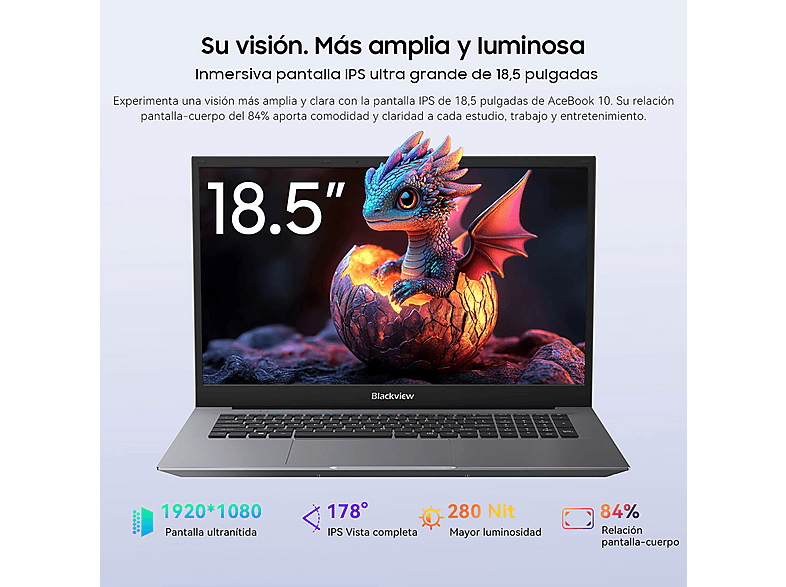 Portátil - BLACKVIEW ACEBOOK 10, 18,5 " Full-HD, Intel Twin Lake N150, 16 GB RAM, 512 GB SSD, Iris® Graphics, Windows 11 Pro, idioma del teclado: US, Gris — foto 4