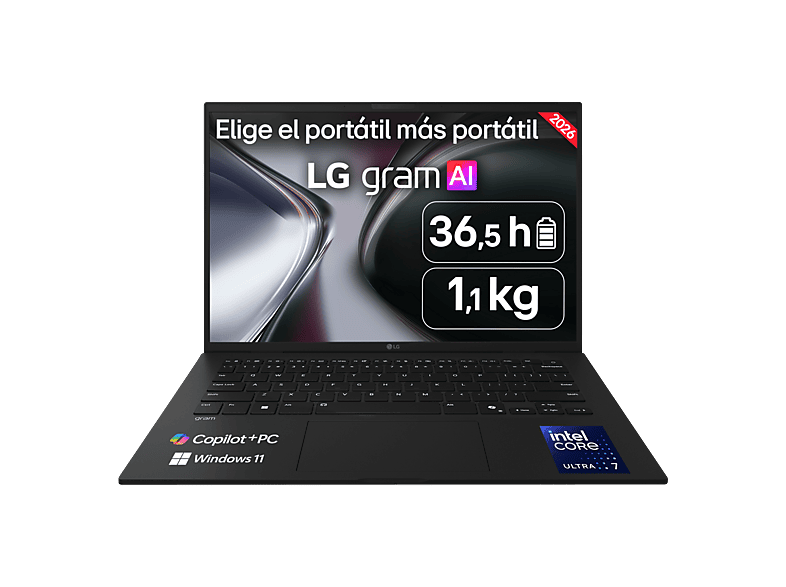 Portátil - LG Gram 14Z90U-G.AU88BN Copilot+ PC, 14" WUXGA, Intel® Core™ Ultra 7 355 49 TOPS, 32 GB RAM, 1 TB SSD, Windows 11 Home, Sin cargador
