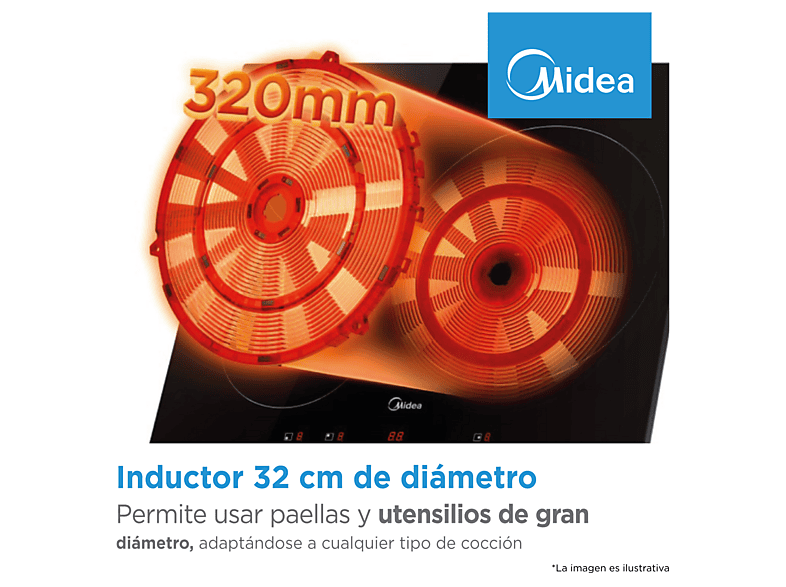 Placa inducción - Midea MIH740T467K0, 3 Zonas, 32 cm Zona Grande, 59 cm Ancho, 9 Niveles de Potencia, Negro — foto 5
