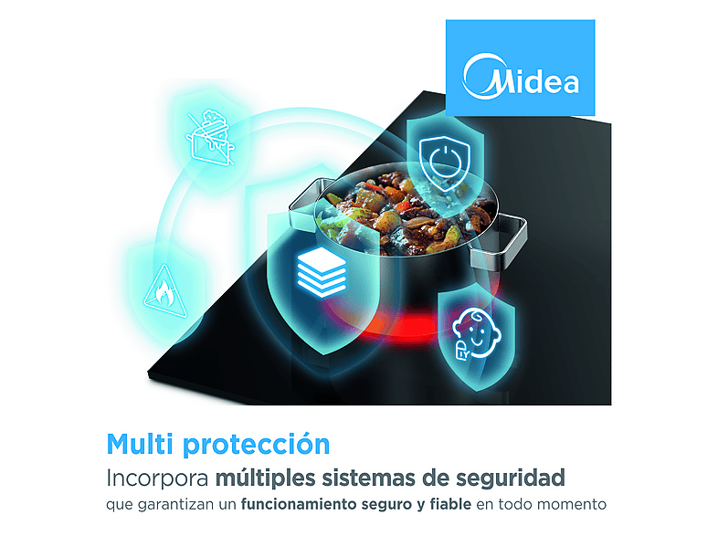 Placa inducción - Midea MIH740T467K0, 3 Zonas, 32 cm Zona Grande, 59 cm Ancho, 9 Niveles de Potencia, Negro — foto 7