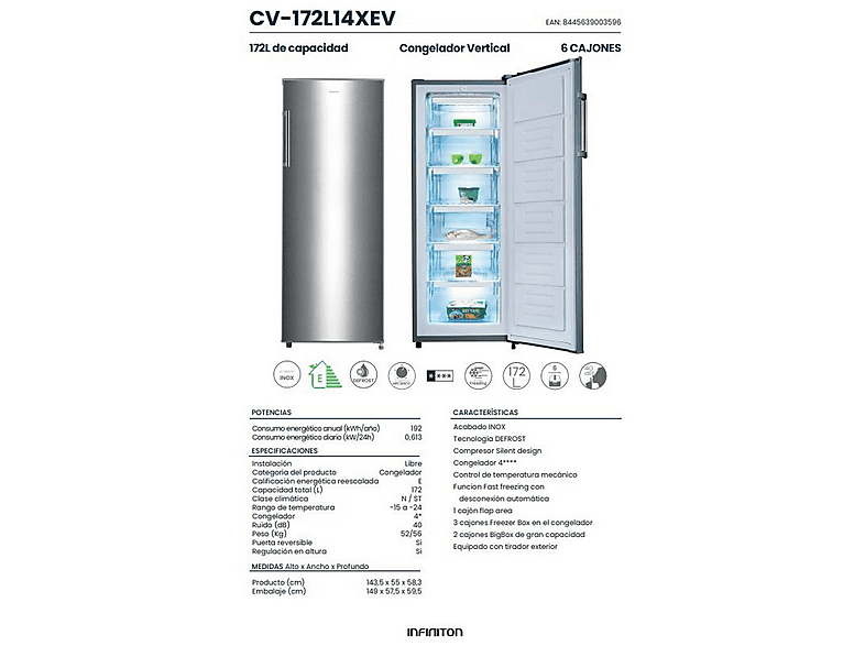 Congelador vertical - INFINITON CV-172L14XEV, 172 l, 188,5 cm, Inox — foto 3
