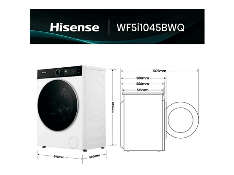 Lavadora carga frontal - Hisense WF5I1045BWQ , 10.5 kg, 1400 RPM, 18 programas, Fondo reducido 55.5 cm, Autodosificación, Blanco — foto 3