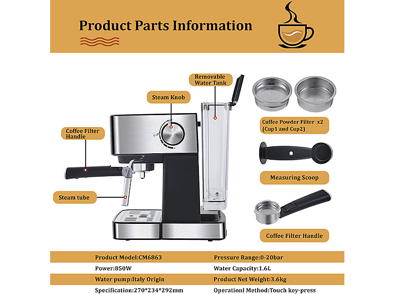 Máquina de café expreso - BIOLOMIX LJ1522, , 850 W, Gris — foto 4