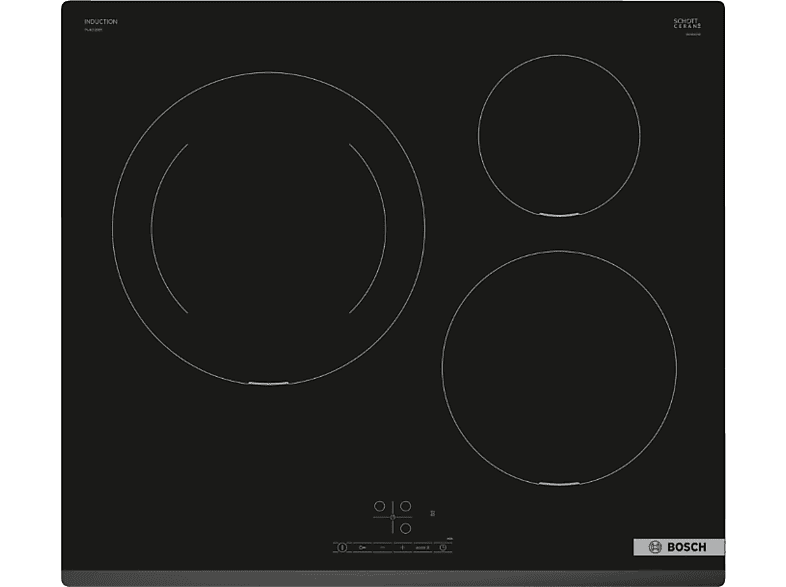 Placa inducción - Bosch PIJ631BB5E, 3 zonas, Zona grande 28 cm, Control TouchSelect, función Sprint, 59.2 cm, Negro — foto 1