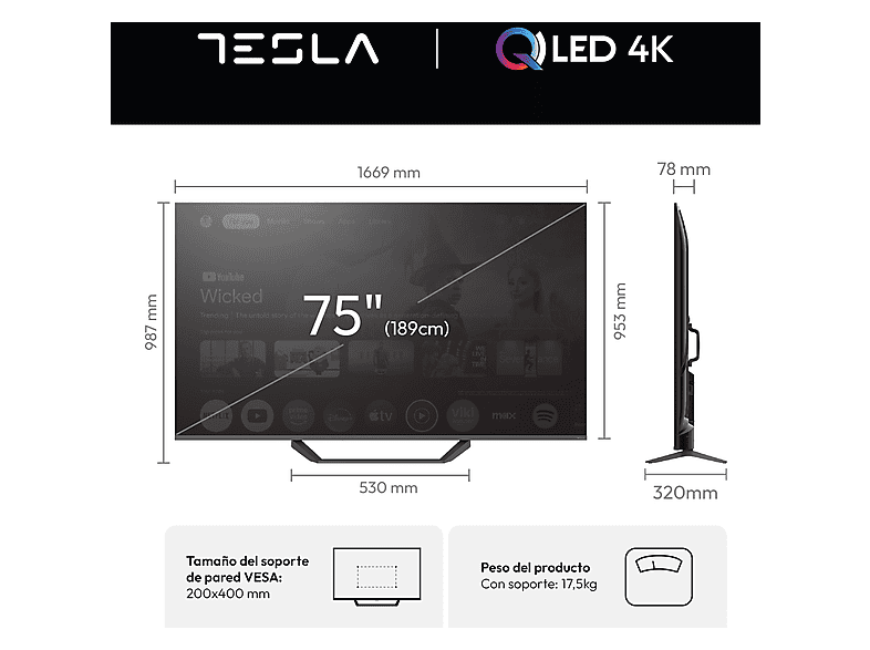 TV QLED 75" - TESLA Smart TV 75" QLED Q75E655GUS, Full-HD, Gris — foto 9