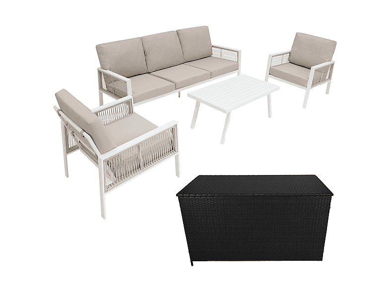 Conjunto de jardín - MONSTER De aluminio 5 plazas Blanco + Caja en ratán Negro, 201 cm x 82 cm x 75 cm, Blanca