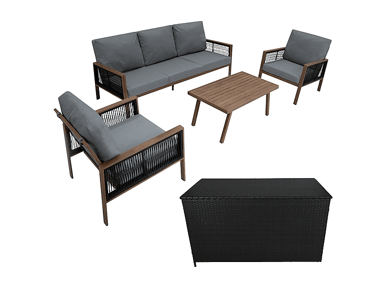 Conjunto de jardín - MONSTER Aluminio 5 plazas Efecto Madera + Caja en ratán Negro, 201 cm x 82 cm x 75 cm, Marrón